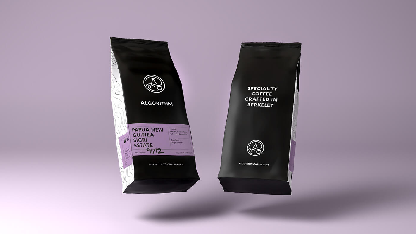 Packaging noir et violet du café Algorithm