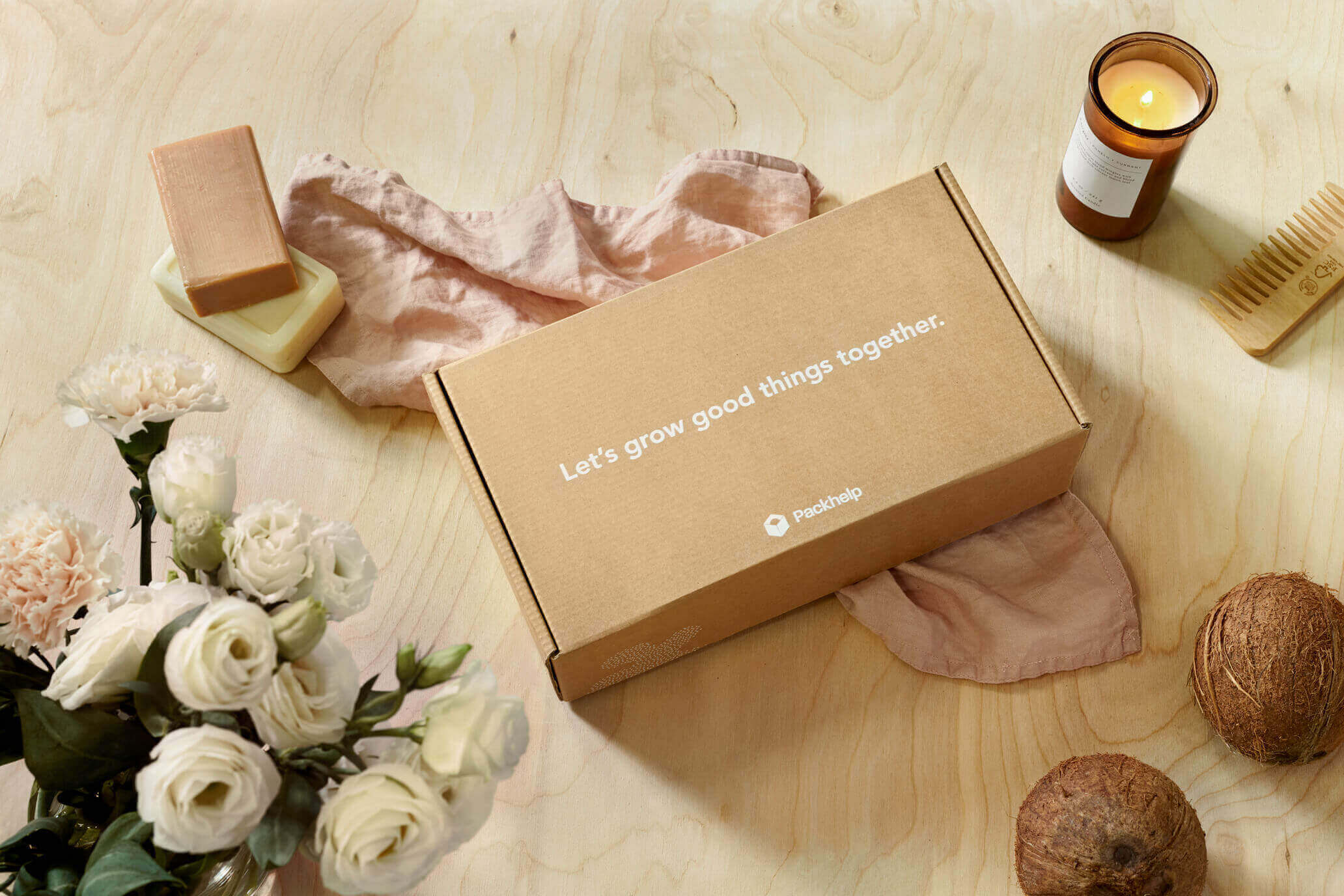 cardboard box with white print on a table