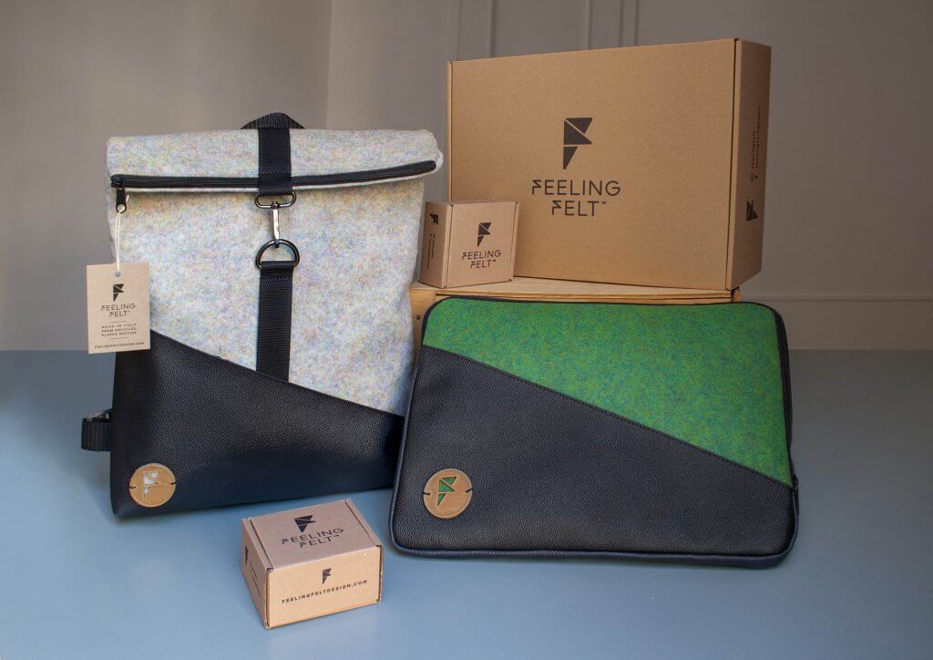 feeling felt backpack and laptop sleeve with packaging