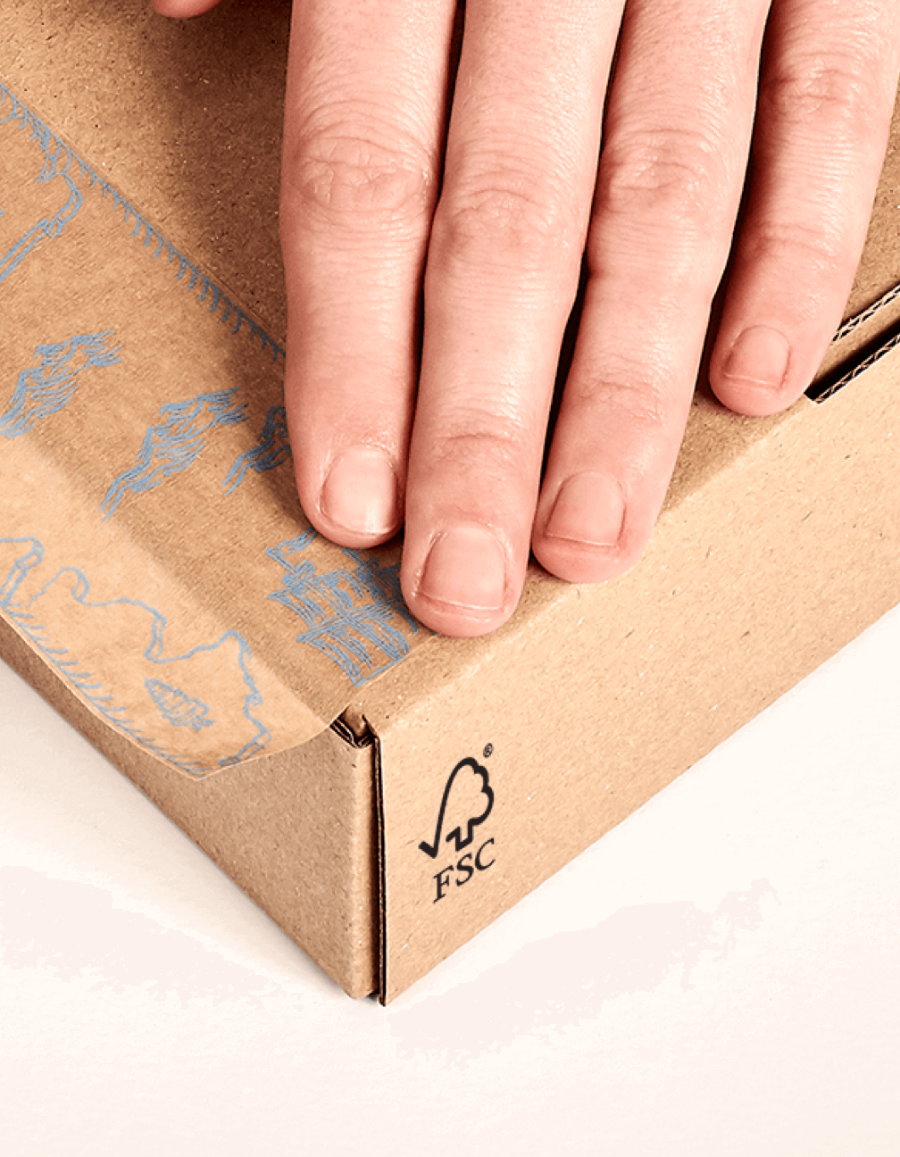 Certificazione FSC con scatola kraft e mano su sfondo bianco