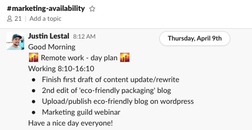 Screenshot of remote work day plan 