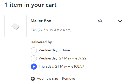 screen from Packhelp shopping cart with indicated shipping date