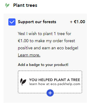 possibilité de payer un supplément sur votre commande pour soutenir l'initiative de plantation d'arbres de Packhelp