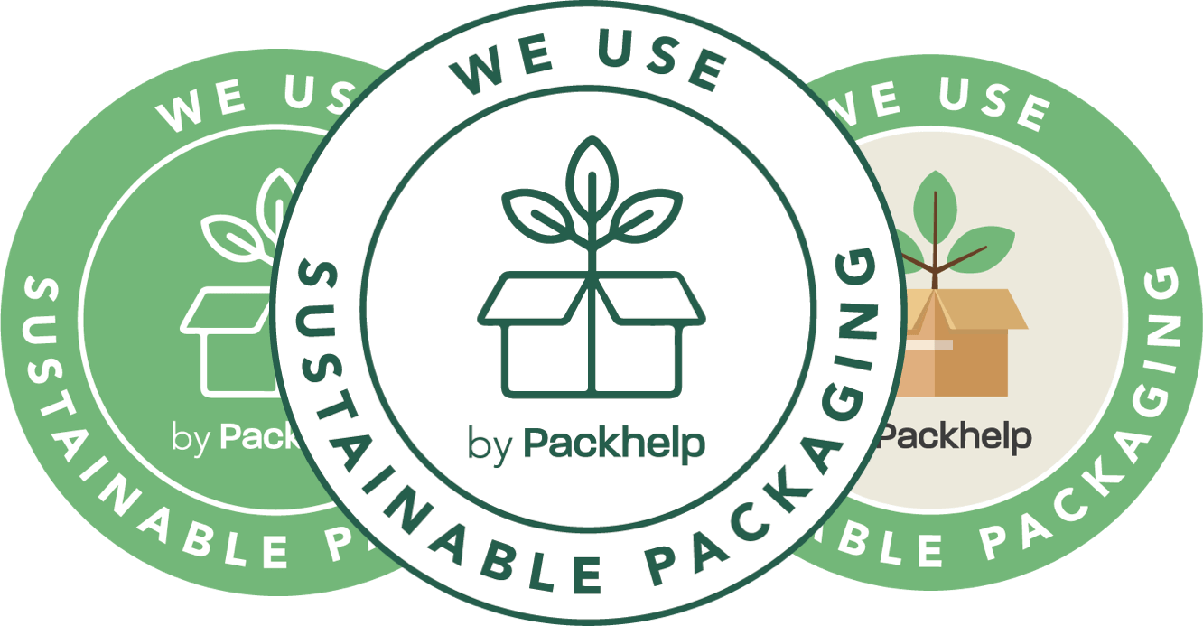 Éco-badge Packhelp pour montre l'éco-responsabilité de votre emballage