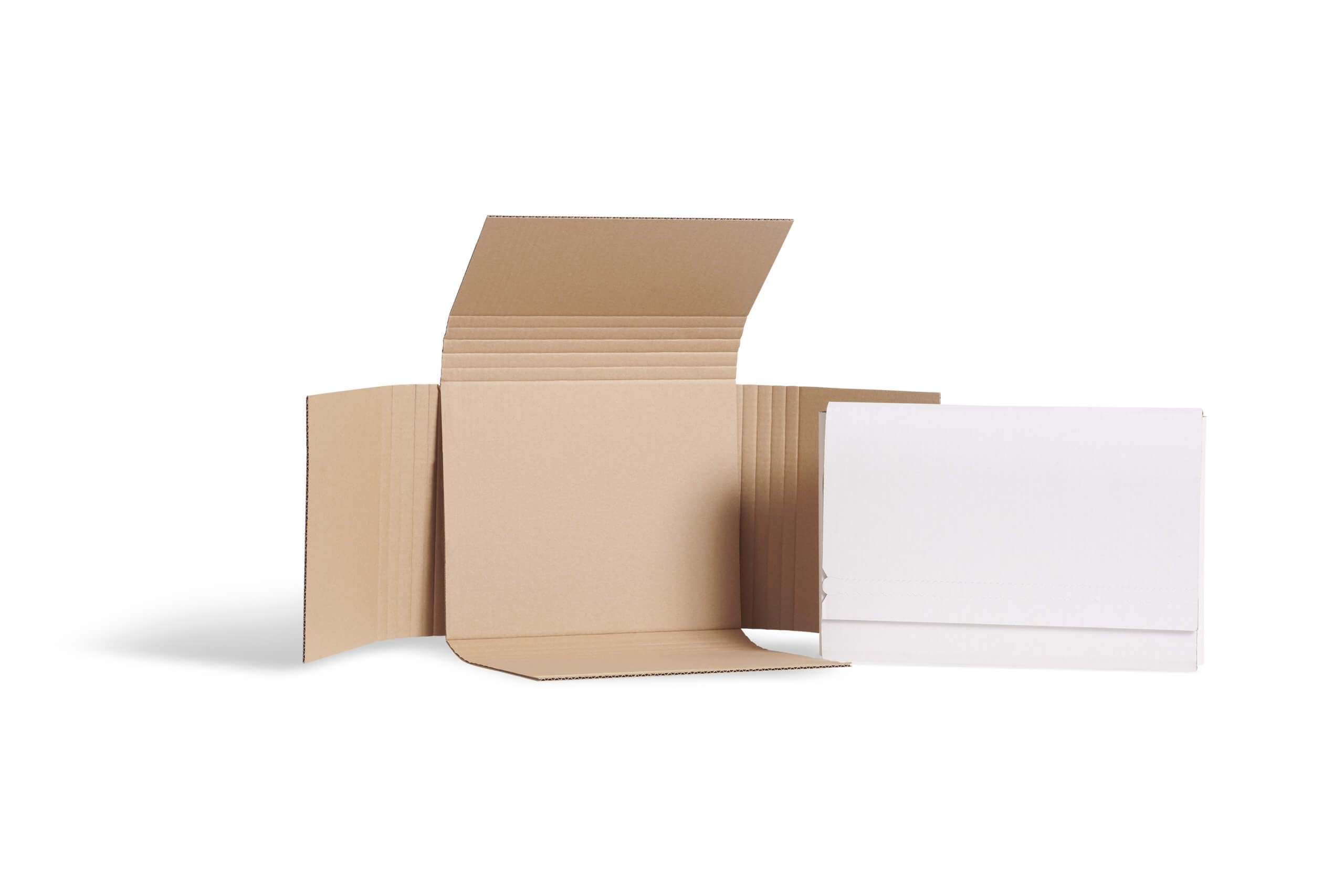 Open book mailer in kraft next to book mailer made from white corrugated cardboard