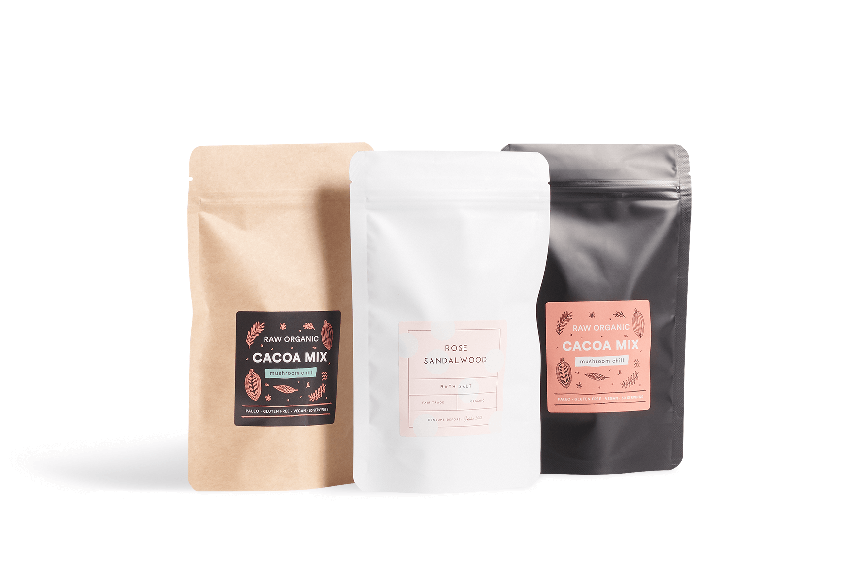 Doypacks with labels in black, white and kraft